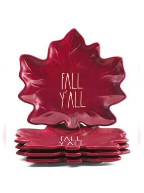 RAE DUNN FALL YALL CERAMIC LEAF PLATES SET OF 4 MAGENTA